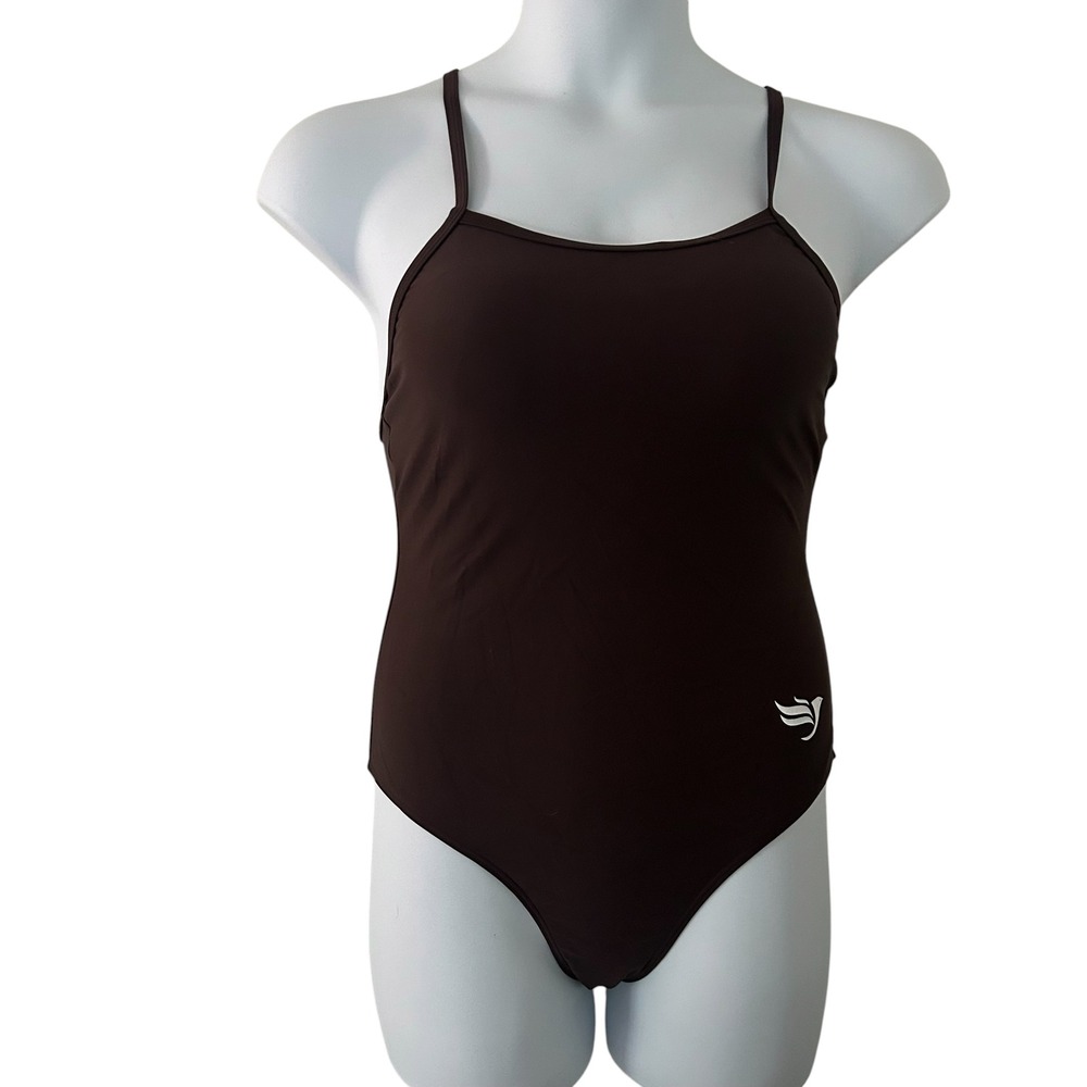 Womens Brown Athletic Racer Open Back One-Piece Padded Adjustable Swimsuit Large